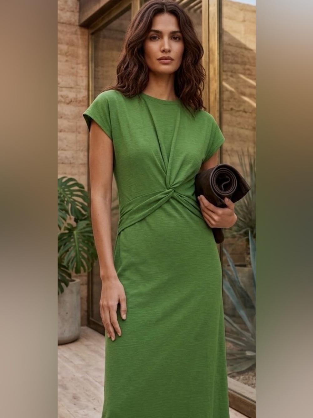 GREEN TWIST FONT RUCHED CAP SLEEVES MIDI DRESS: size Small (4)